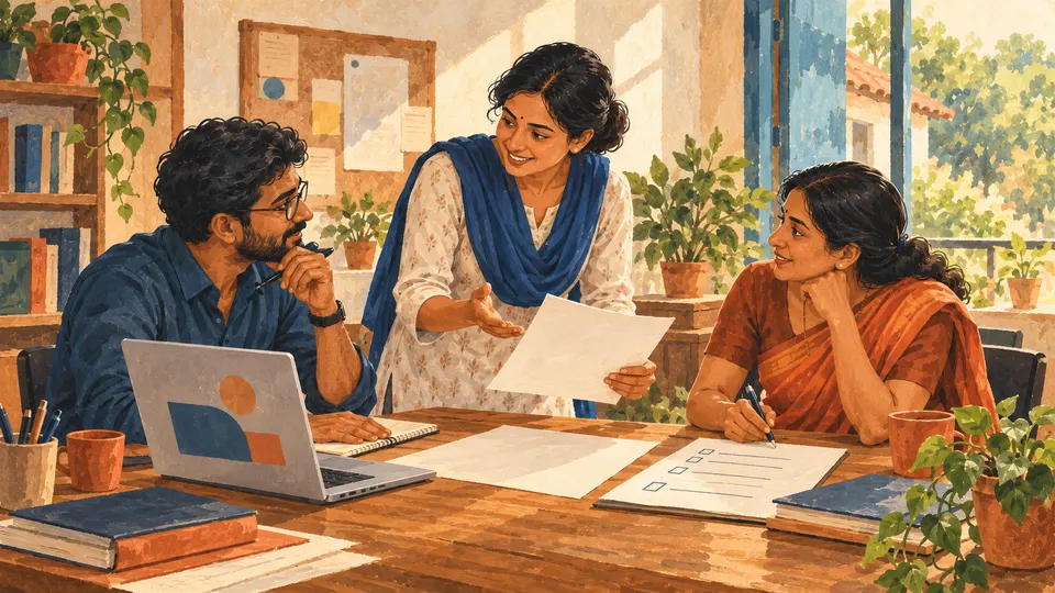 AI-generated illustration · Politics Pilot. Illustrated team reviewing a proposal, checklist and work plan at a meeting table.