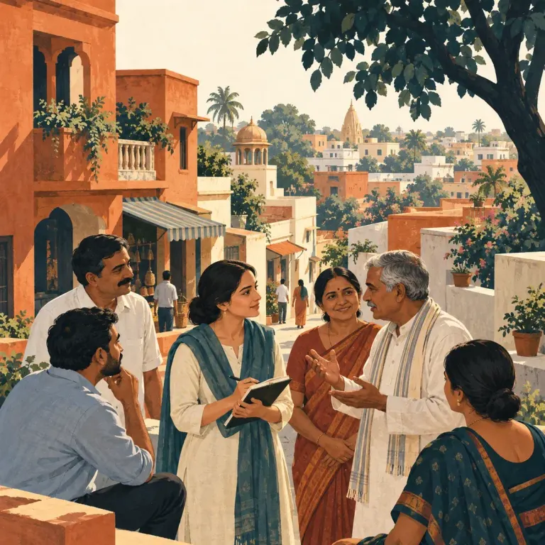 Illustration · not a project photograph. ભારતના એક મહોલ્લામાં રહેવાસીઓની વાત સાંભળતા ફિલ્ડ સંશોધકનું ચિત્ર